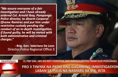 PRO 3 tiniyak na patas ang gagawing imbestigasyon laban sa pulis na namaril sa Sta. Rita, Pampanga