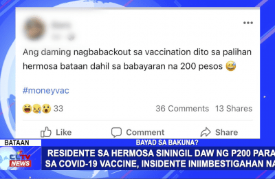 Residente sa Hermosa siningil daw ng P200 para sa COVID-19 vaccine, insidente iniimbestigahan na