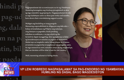 VP Leni Robredo nagpasalamat sa pag-endorso ng 1Sambayan, humiling ng dasal bago magdesisyon