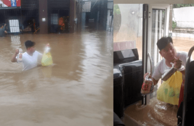 Konduktor ng bus, lumusong sa baha para bilhan ng pagkain ang mga pasahero